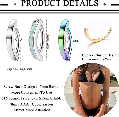 Fansilver 14G الفرس حلقات زر البطن الجراحية الصلب أوبال حلقات البطن للنساء لطيف صغير هوب حلقات زر البطن بسيطة عكس السرة ثقب المجوهرات تشيكوسلوفاكيا ثقب البطن المجوهرات in Kuwait