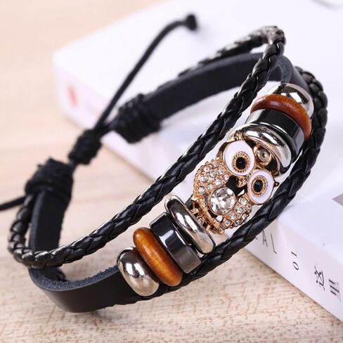YWMAN Multilayer Owl Leather Bracelets - Punk Handmade Braided Beads Wristband Cuff - Charm Bracelet for Men in Kuwait