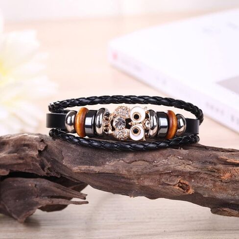 YWMAN Multilayer Owl Leather Bracelets - Punk Handmade Braided Beads Wristband Cuff - Charm Bracelet for Men in Kuwait