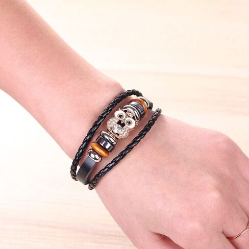 YWMAN Multilayer Owl Leather Bracelets - Punk Handmade Braided Beads Wristband Cuff - Charm Bracelet for Men in Kuwait