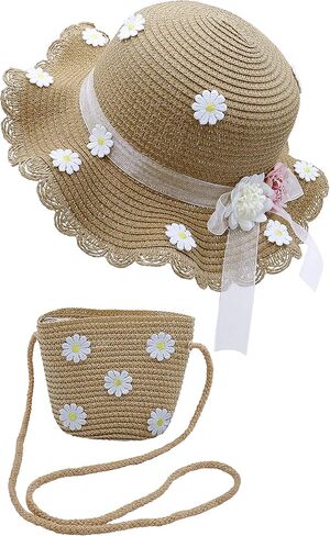 قبعة Bienvenu للفتيات من القش قبعات الشاطئ الصيفية مع مجموعة جيب in Kuwait