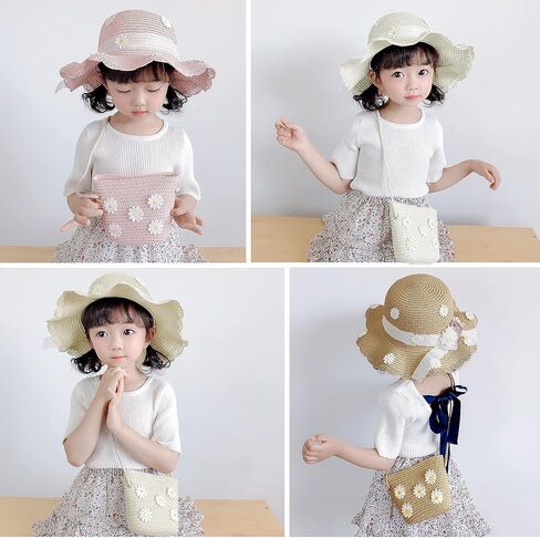 قبعة Bienvenu للفتيات من القش قبعات الشاطئ الصيفية مع مجموعة جيب in Kuwait