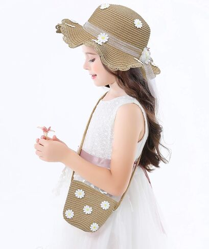 قبعة Bienvenu للفتيات من القش قبعات الشاطئ الصيفية مع مجموعة جيب in Kuwait