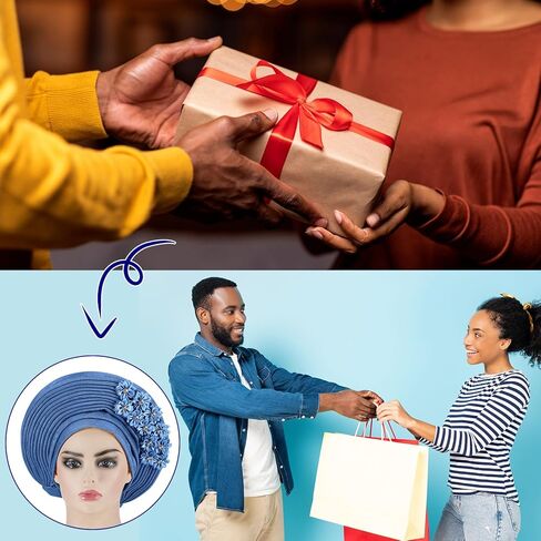 ربطة راس افريقية من قطعتين بتصميم افريقي، فساتين نيجيرية للنساء، قبعات افريقية للنساء، عمامة افريقية للنساء، عصابات راس للنساء الافريقيات لحفلات الزفاف، ازرق وذهبي in Kuwait