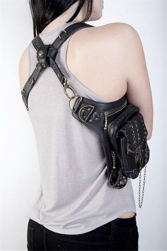 هالوين ستيم بانك ريترو حقيبة دراجة نارية حقيبة سيدة ريترو روك القوطي حقائب الكتف الخصر حزم الأسود in Kuwait