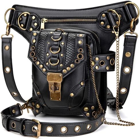 هالوين ستيم بانك ريترو حقيبة دراجة نارية حقيبة سيدة ريترو روك القوطي حقائب الكتف الخصر حزم الأسود in Kuwait