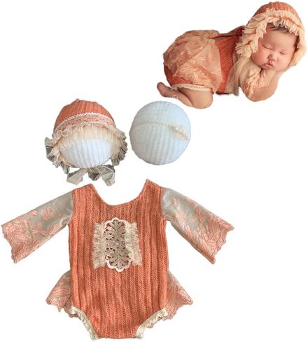 كيوت بيفوتو ملابس رومبير للبنات حديثي الولادة لالتقاط الصور للبنات حديثي الولادة من قطعة واحدة وقبعة وشريط رأس مزين بالزهور in Kuwait