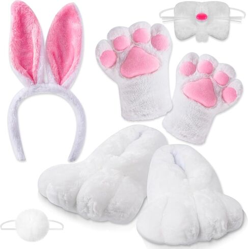5 Pieces Halloween Bunny Plush Costume Adult White Rabbit Costume Bunny Cosplay Costume Bunny Feet Bunny Paws Bunny Nose Bunny Tail Bunny Tail Bunny Headband for Women Men Halloween Cosplay in Saudi Arabia