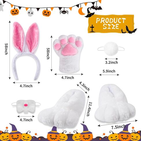 5 Pieces Halloween Bunny Plush Costume Adult White Rabbit Costume Bunny Cosplay Costume Bunny Feet Bunny Paws Bunny Nose Bunny Tail Bunny Tail Bunny Headband for Women Men Halloween Cosplay in Saudi Arabia