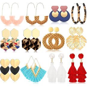 12 زوجًا من الأقراط الشرابة للنساء والفتيات من الأكريليك الروطان أقراط هندسية بوهيمية منسوجة مجموعة من الأقراط خفيفة الوزن مصنوعة يدويًا من القش والأقراط المتدلية in Kuwait