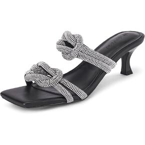 Coutgo Womens Rhinestone Kitten Low Heel Sandals Square Open Toe Mules Dressy Summer Slip on Slide Shoes