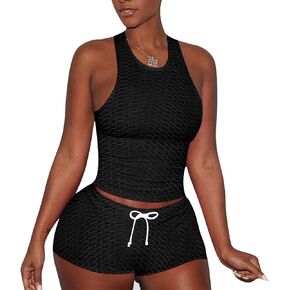 KANSOON Short Sets Women 2 Piece Outfits, Textured Tracksuit Tank Crop Top Bodycon Shorts Workout Sports Set