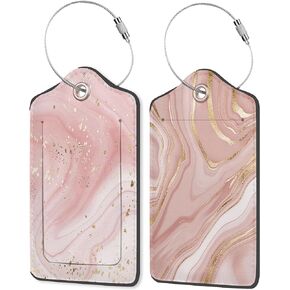 Set of 2 Luggage Tag for Suitcases Leather Abstract Liquid Gold Dust Texture Marble Baggage Tags with Stainless Steel Loop Privacy Name ID Card Cover Travel Bag Labels Set for Women Men