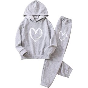 COZYEASE Girls' 2 Piece Heart Graphic Print Drop Shoulder Hoodie with Elastic Waist Sweatpants