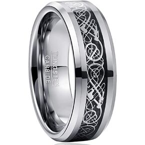 Vakki Celtic Dragon Rings for Men 8mm Blue/Silver Carbon Fiber Inlay Tungsten Carbide Wedding Band Beveled Edge Size 5-14