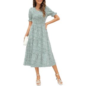 Maggeer Womens 2023 Short Puff Sleeve Smocked Bodice and Cuffs Floral Tiered Midi Dress with Pockets in Kuwait