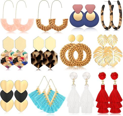 12 زوجًا من الأقراط الشرابة للنساء والفتيات من الأكريليك الروطان أقراط هندسية بوهيمية منسوجة مجموعة من الأقراط خفيفة الوزن مصنوعة يدويًا من القش والأقراط المتدلية in Kuwait