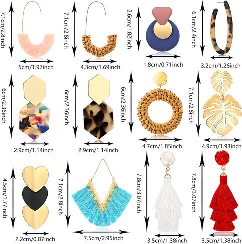 12 زوجًا من الأقراط الشرابة للنساء والفتيات من الأكريليك الروطان أقراط هندسية بوهيمية منسوجة مجموعة من الأقراط خفيفة الوزن مصنوعة يدويًا من القش والأقراط المتدلية in Kuwait