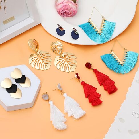 12 زوجًا من الأقراط الشرابة للنساء والفتيات من الأكريليك الروطان أقراط هندسية بوهيمية منسوجة مجموعة من الأقراط خفيفة الوزن مصنوعة يدويًا من القش والأقراط المتدلية in Kuwait