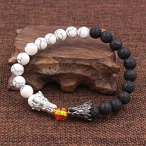 سوار التنين قابل للتعديل - 2024 سنة جديدة من سوار التنين، الصخور البركانية الطبيعية الأسود والأبيض التنين سوار الحجر مطرز، فنغ شوي حسن الحظ سحر التنين سوار للرجال والنساء، مزدوج in Kuwait