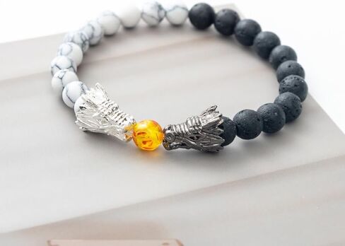 سوار التنين قابل للتعديل - 2024 سنة جديدة من سوار التنين، الصخور البركانية الطبيعية الأسود والأبيض التنين سوار الحجر مطرز، فنغ شوي حسن الحظ سحر التنين سوار للرجال والنساء، مزدوج in Kuwait