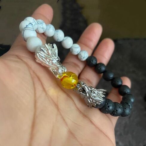 سوار التنين قابل للتعديل - 2024 سنة جديدة من سوار التنين، الصخور البركانية الطبيعية الأسود والأبيض التنين سوار الحجر مطرز، فنغ شوي حسن الحظ سحر التنين سوار للرجال والنساء، مزدوج in Kuwait