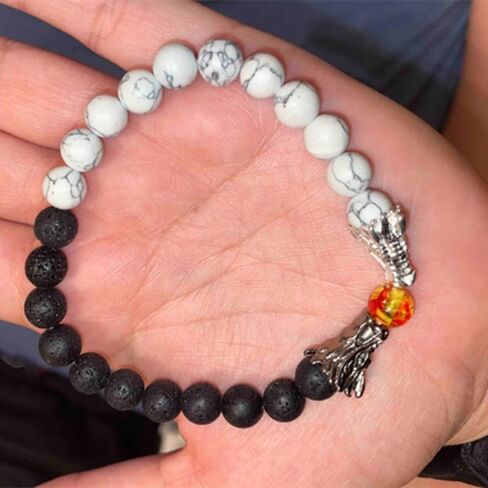 سوار التنين قابل للتعديل - 2024 سنة جديدة من سوار التنين، الصخور البركانية الطبيعية الأسود والأبيض التنين سوار الحجر مطرز، فنغ شوي حسن الحظ سحر التنين سوار للرجال والنساء، مزدوج in Kuwait