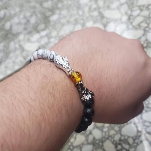 سوار التنين قابل للتعديل - 2024 سنة جديدة من سوار التنين، الصخور البركانية الطبيعية الأسود والأبيض التنين سوار الحجر مطرز، فنغ شوي حسن الحظ سحر التنين سوار للرجال والنساء، مزدوج in Kuwait