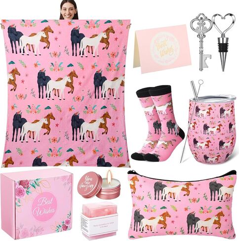 Sliner 9 Pcs Horse Gifts for Women Girls, Horse Spa Tumbler Relaxation Gift Basket Set Horse Throw Blanket Makeup Bag Cute Animal Sock Christmas Birthday Gifts Box for Horse Lovers in Saudi Arabia
