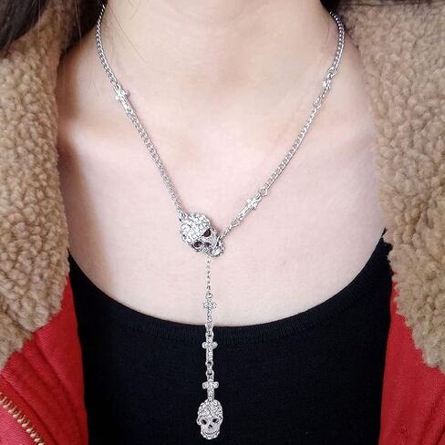 EVER FAITH® Gothic Jewelry 2 Skull Cross Austrian Crystal Punk Y-Shaped Halloween Necklace in Saudi Arabia