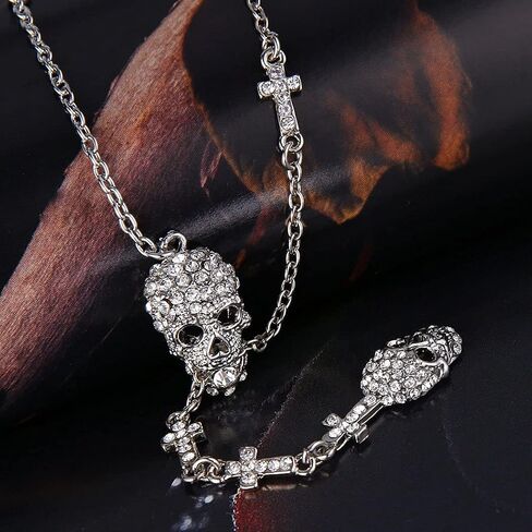 EVER FAITH® Gothic Jewelry 2 Skull Cross Austrian Crystal Punk Y-Shaped Halloween Necklace in Saudi Arabia