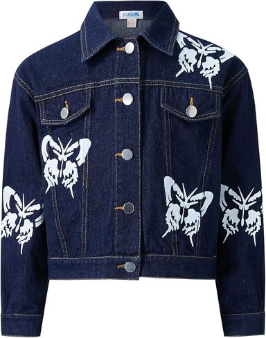 جاكيت جينز للفتيات من Kukume بأكمام طويلة وطبعة فراشات وأزرار معدنية للفتيات من عمر 3 إلى 12 سنة in Kuwait