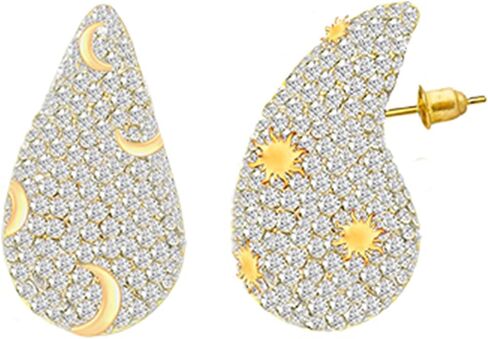 Gold Crystal Chunky Hoop Earrings for Women Asymmetry Sun Moon Rhinestone Teardrop Earrings Fashion Jewelry Gift for Women Girls in Saudi Arabia