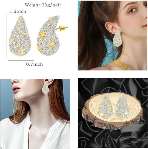 Gold Crystal Chunky Hoop Earrings for Women Asymmetry Sun Moon Rhinestone Teardrop Earrings Fashion Jewelry Gift for Women Girls in Saudi Arabia