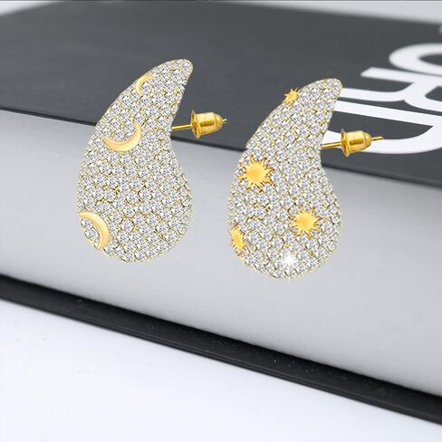 Gold Crystal Chunky Hoop Earrings for Women Asymmetry Sun Moon Rhinestone Teardrop Earrings Fashion Jewelry Gift for Women Girls in Saudi Arabia