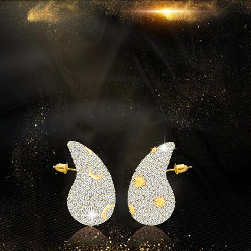 Gold Crystal Chunky Hoop Earrings for Women Asymmetry Sun Moon Rhinestone Teardrop Earrings Fashion Jewelry Gift for Women Girls in Saudi Arabia