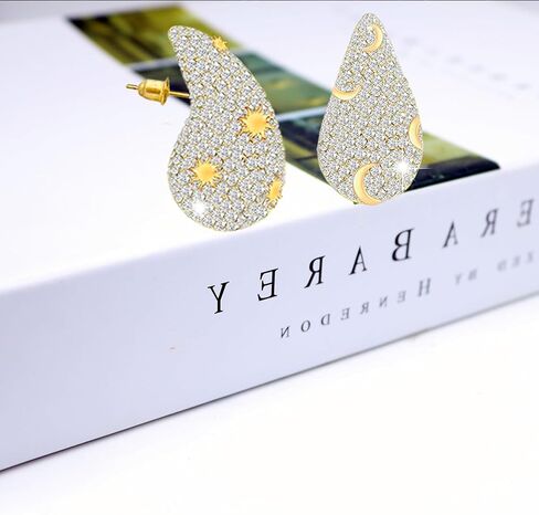 Gold Crystal Chunky Hoop Earrings for Women Asymmetry Sun Moon Rhinestone Teardrop Earrings Fashion Jewelry Gift for Women Girls in Saudi Arabia
