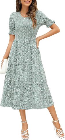 Maggeer Womens 2023 Short Puff Sleeve Smocked Bodice and Cuffs Floral Tiered Midi Dress with Pockets in Kuwait