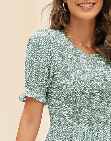 Maggeer Womens 2023 Short Puff Sleeve Smocked Bodice and Cuffs Floral Tiered Midi Dress with Pockets in Kuwait