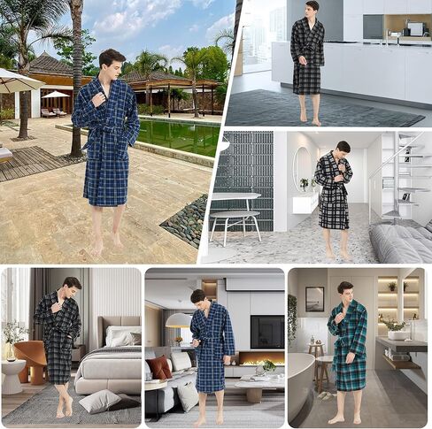 FELEMO Mens Plush Fleece Plaid Robe Soft/Warm Spa Bathrobe for Men, Shawl Collar in Kuwait
