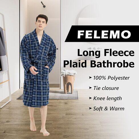 FELEMO Mens Plush Fleece Plaid Robe Soft/Warm Spa Bathrobe for Men, Shawl Collar in Kuwait