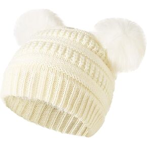 قبعة شتوية للأطفال الصغار قبعة دافئة متماسكة مبطنة بالصوف مع قبعة صغيرة بوم بوم مزدوجة قبعات ناعمة للأطفال الصغار (من سن 2 إلى 5 سنوات) in Kuwait