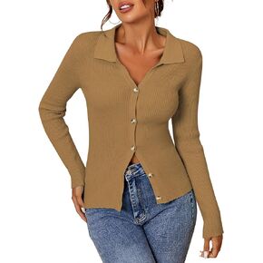 Women Long Sleeve Polo Sweater V Neck Button Down Ribbed Knit Cardigan Top