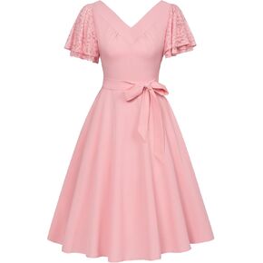 فستان كوكتيل نسائي صيفي قصير بأكمام منتفخة من Belle Poque 1950s عتيق برقبة على شكل حرف v فساتين متأرجحة مع أحزمة in Saudi Arabia