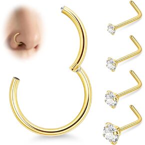 Vegolita 18G 20G 5PCS 316L Stainless Steel Nose Rings for Women Men Hinged Nose Rings Hoops L Shaped CZ Nose Ring Stud Nose Piercing 6/7/8/9/10/12MM