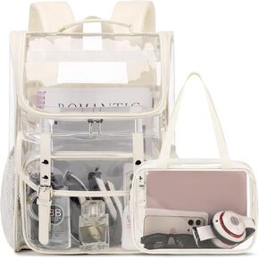 Clear Backpack with Clear Bag Set, Leather Clear Backpack Heavy Duty Thick PVC Clear Bookbag Large See Through Transparent Backpack with Support Pad for Women Men Girl Boy College Work Black