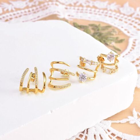 Claw Cuffs Earrings for Women, 14K Gold Plated Half Hoop Stud Earrings Cubic Zirconia Hypoallergenic Jewelry Looks Like 4 Gold Claw Hoop Earrings Birthday Gift for Women Girl Teen, Cubic Zirconia, in Kuwait