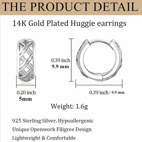 YumaHan Small Gold Huggie Hoop Earrings For Women Girls, 14k Gold Plated Mini Dainty Round Cartilage Earrings, 925 Sterling Silver Hypoallergenic Filigree Loop Earrings, Trendy Jewelry Gifts For Her in Saudi Arabia