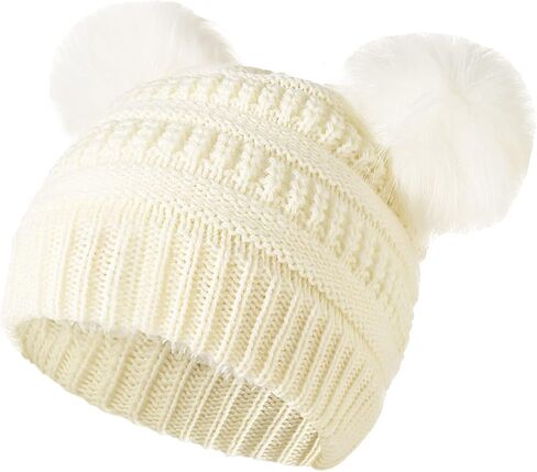 قبعة شتوية للأطفال الصغار قبعة دافئة متماسكة مبطنة بالصوف مع قبعة صغيرة بوم بوم مزدوجة قبعات ناعمة للأطفال الصغار (من سن 2 إلى 5 سنوات) in Kuwait