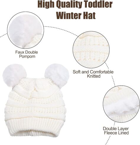 قبعة شتوية للأطفال الصغار قبعة دافئة متماسكة مبطنة بالصوف مع قبعة صغيرة بوم بوم مزدوجة قبعات ناعمة للأطفال الصغار (من سن 2 إلى 5 سنوات) in Kuwait